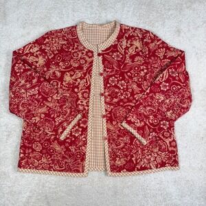 Reversible Quilted Jacket Red Floral Botanical Tan Gingham Check Button Front